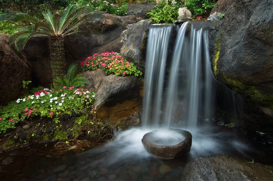 Zen garden with raked sand and stones